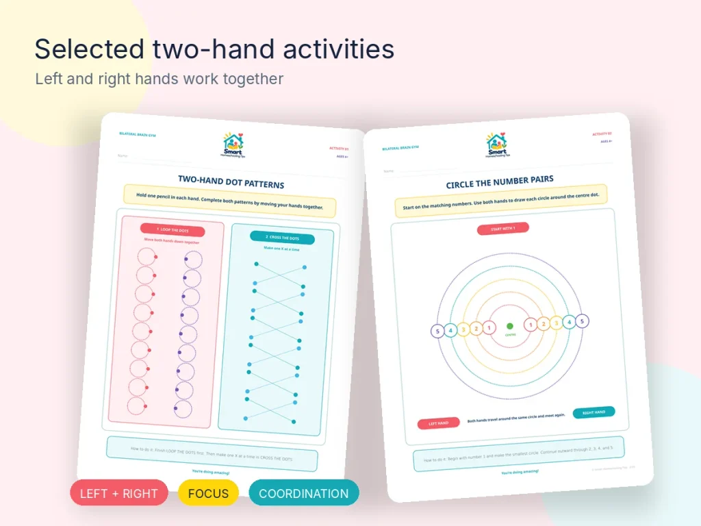 Two-hand activity examples from the printable workbook